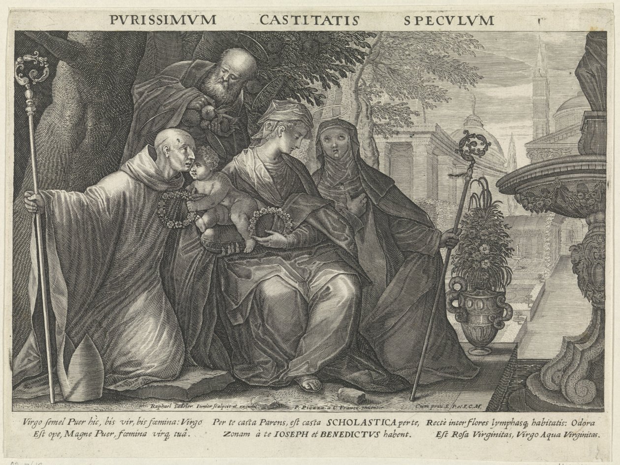 Helig familj med Saint Benedict och Saint Scholastica Kyskhetens spegel Pvrissimvm Castitatis Specvlvm (titel på objekt) Speglar av lydnad, kyskhet och fattigdom (serietitel) av Raphaël Sadeler (II)
