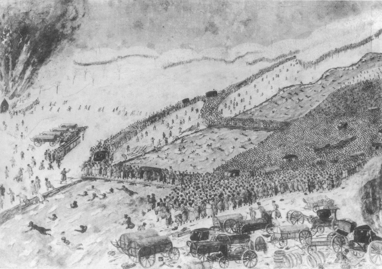  Le passage de la Berezina, le 26 novembre 1812. Lartiste n etait pas alors encore ne. Voir, dans cet ouvrage : le Plan du Lieutenant Swidy. Au debouche des deux ponts, la Grande Armee traversa les marais sur la digue. Les troupes sont representees en plei av Raymond Fournier Sarloveze