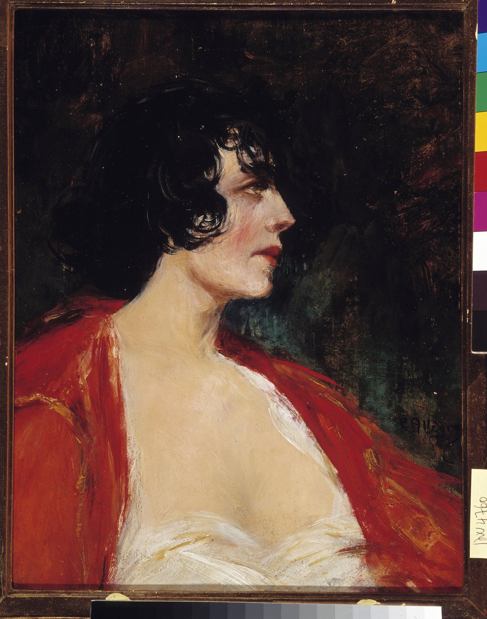 Porträtt av kvinna i den röda blusen Målning av Raymond Allegre (1857-1933) 1900-talet Obligatoriskt omnämnande: Collection fondation regards de Provence, Marseille av Raymond Allegre