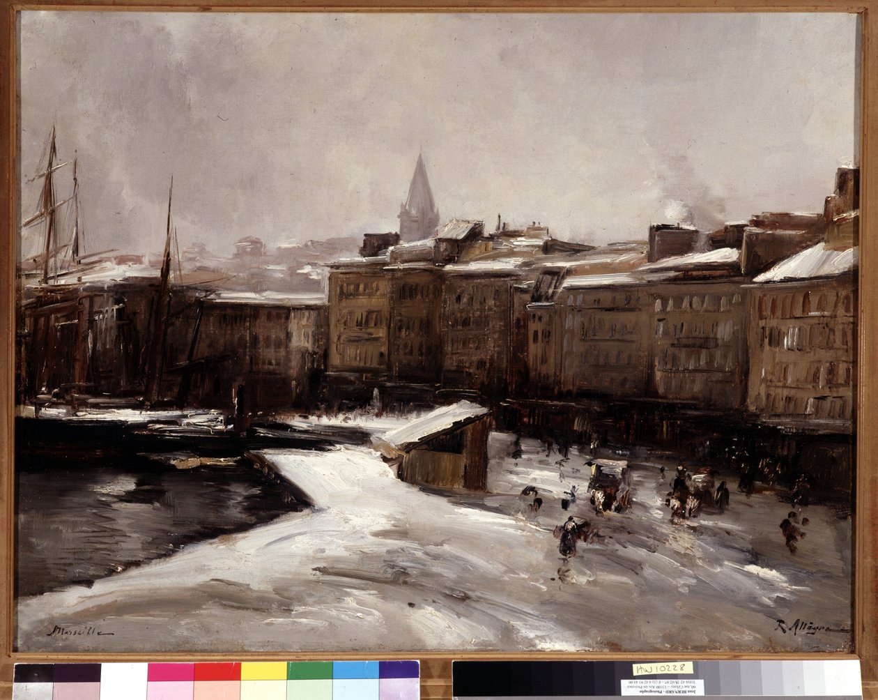 Quai du port, Marseille, under snön Målning av Raymond Allegre (1857-1933) Mått 56x74 cm. Obligatoriskt omnämnande: Hälsningar de Provence Marseille foundation collection av Raymond Allegre