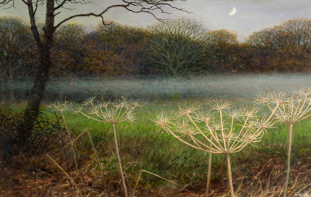 December i skymningen: dimma över fälten (olja på pannå) av Raymond Booth