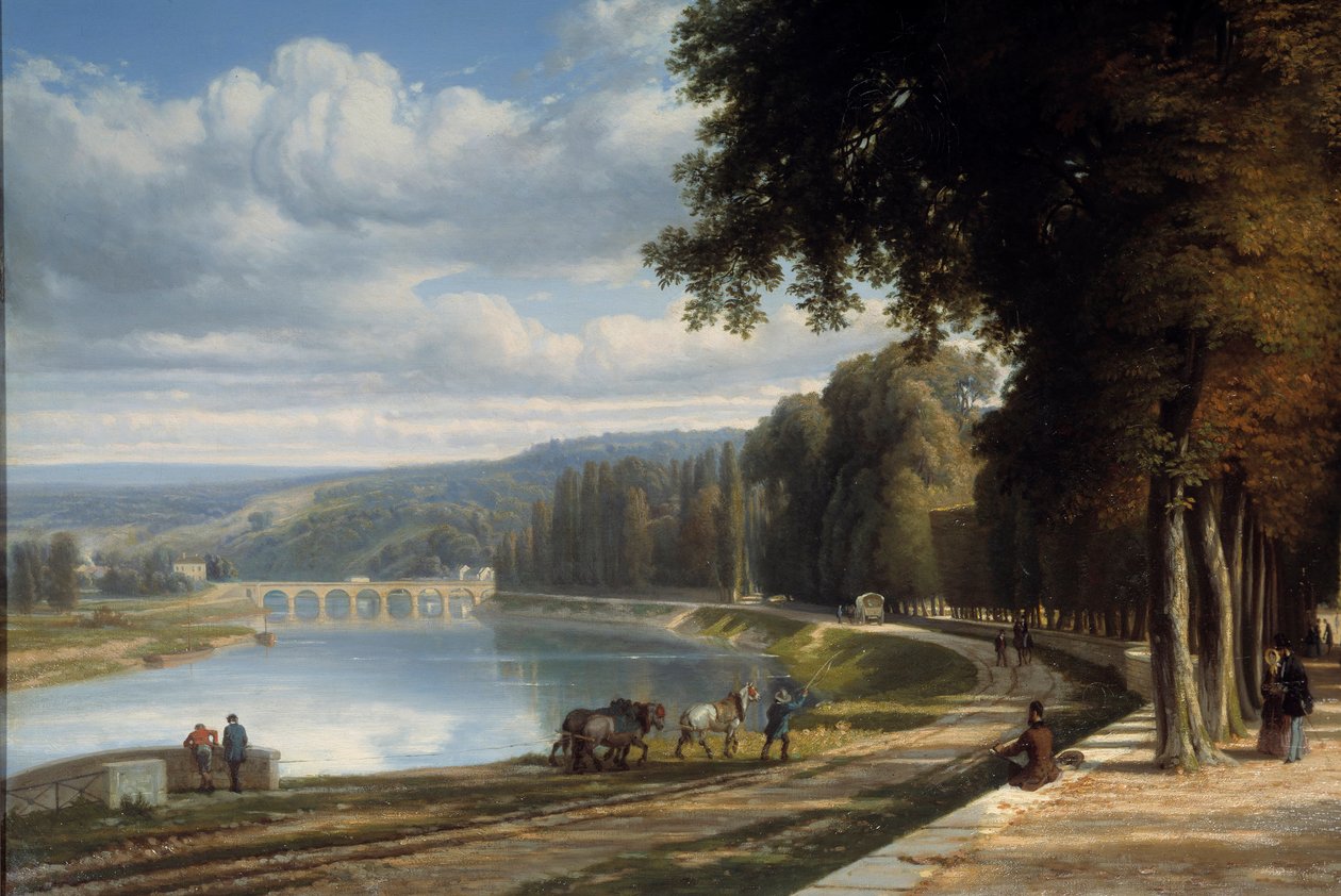 Gå till Parc de Saint Cloud Detail på stranden av Seine, hästar på dragbanan. Målning av Raymond Esbrat (1809-1856) 1850 Roanne. Joseph Dechelette-museet av Raymond Esbrat