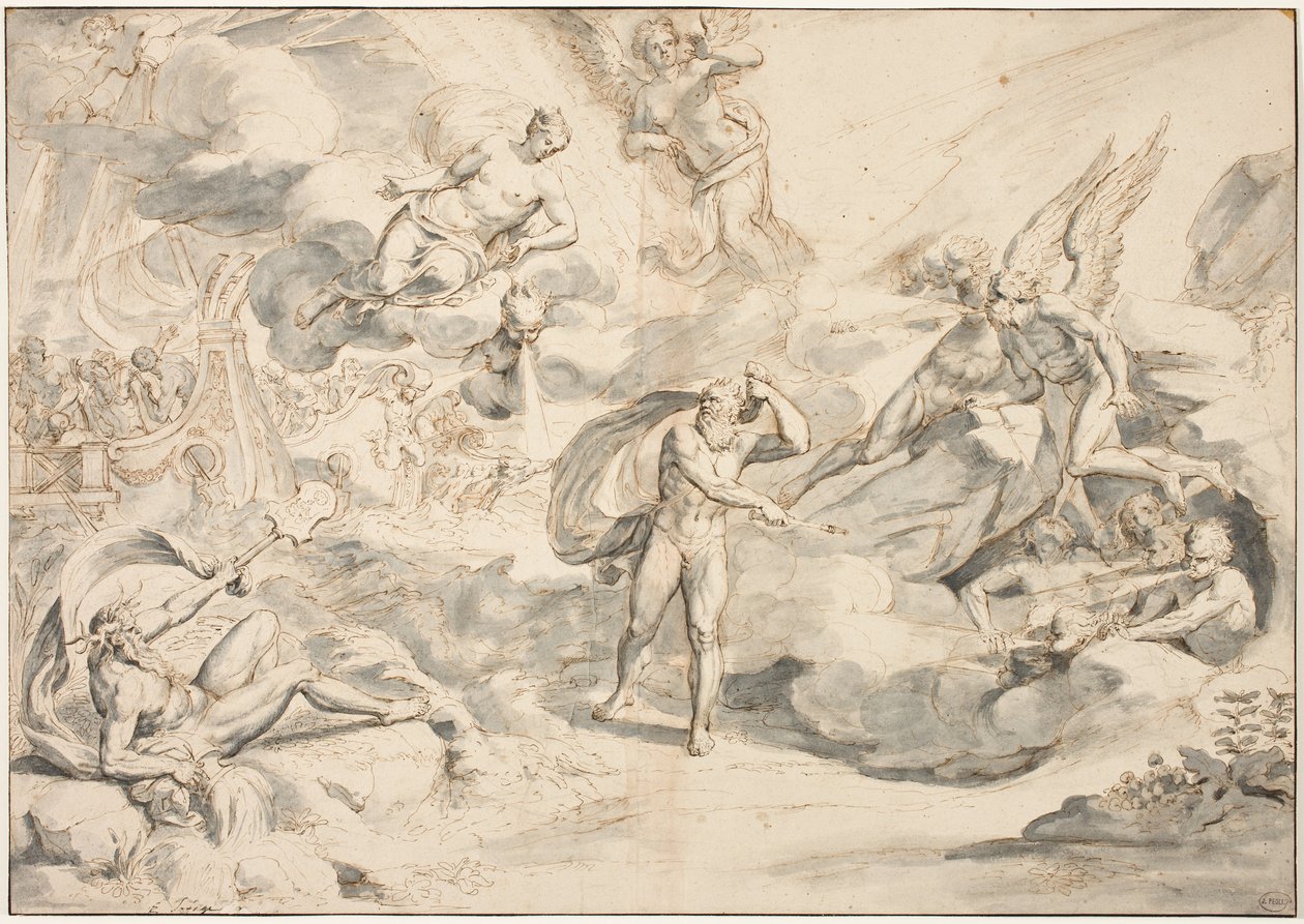 Aeolus lyder Junos Command to Create a Storm, ca 1683-84 (penna och bläck med tvätt på papper) av Raymond Lafage