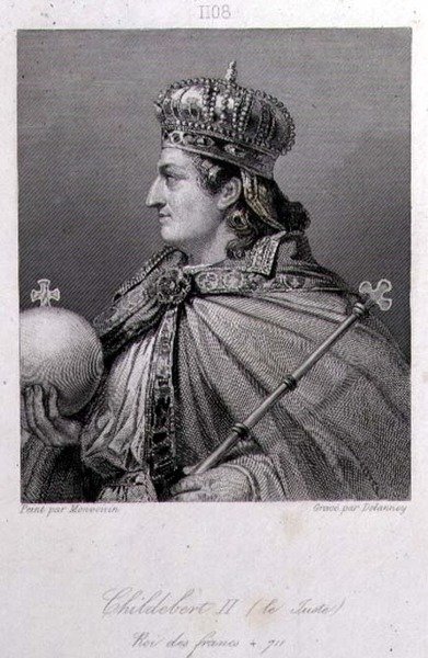 Childebert, kung av Austrasien, graverad av Delannoy (gravyr) av Raymond Quinsac (after) Monvoisin