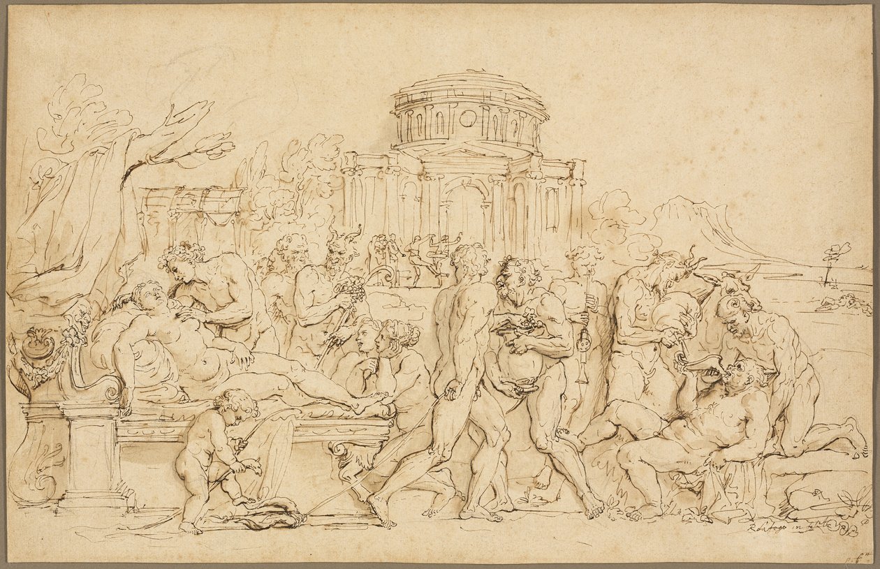 Bacchus och Ariadne, med Silenus, nymfer och satyrer av Raymond de Lafage