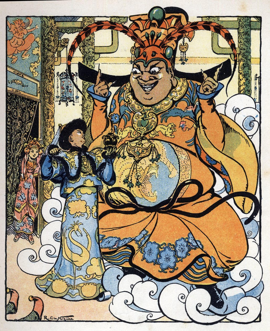 Aladdin, prinsessan Badroulboudour och anden framför den afrikanske magikerns kropp: illustration till sagan "Aladin eller den underbara lampan" i "Tusen och en natt av Raymond de la Neziere