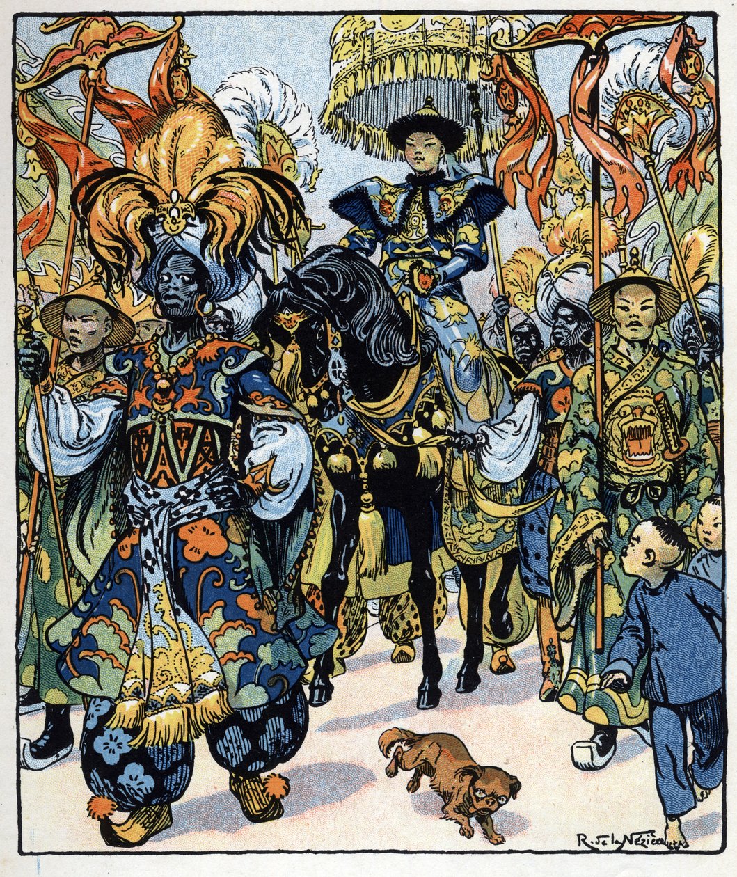 Aladdin går till sultanens palats: illustration till sagan "Aladin eller den underbara lampan" i "Tusen och en natt av Raymond de la Neziere