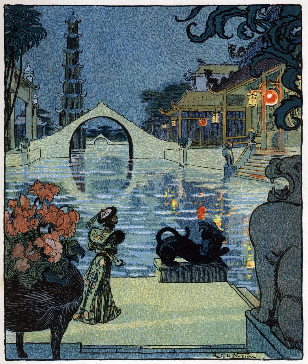 Aladdin framför den afrikanske trollkarlens palats: illustration till sagan "Aladin eller den underbara lampan" i "Tusen och en natt av Raymond de la Neziere