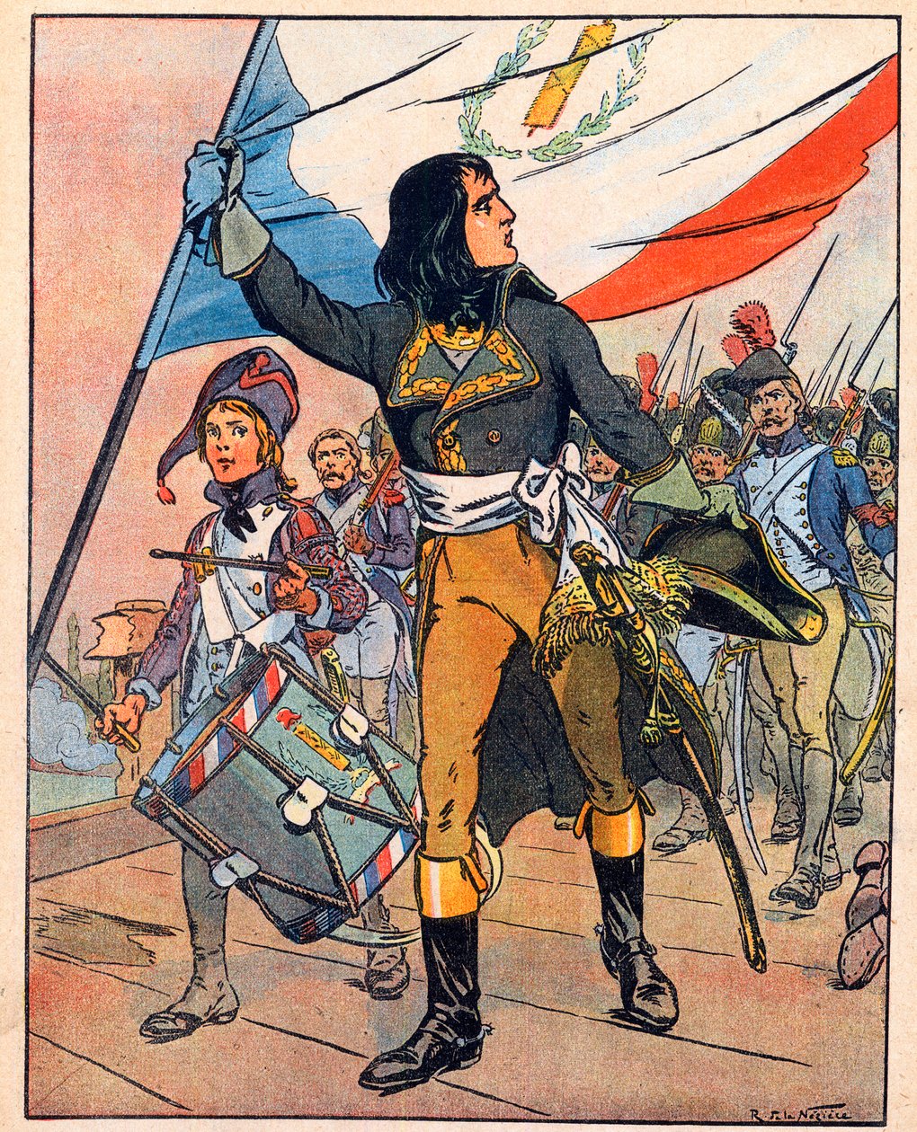 Första italienska fälttåget: Napoleon Bonaparte (1769-1821) i slaget vid Arcole-bron, november 1796" hämtat från "Nos-Gloires-Nationales" ca 1920 (gravyr) av Raymond de la Neziere