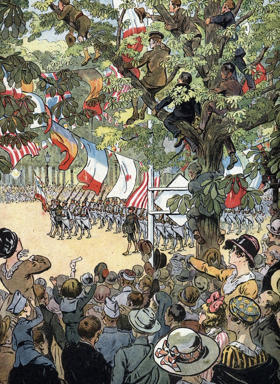 Första världskriget: Segerparaden på Avenue des Champs-Elysees i Paris den 14/07/1919: Franska marinsoldater beundras av Parisborna - (WWI: segerparad på Champs Elysees-avenyn av Raymond de la Neziere