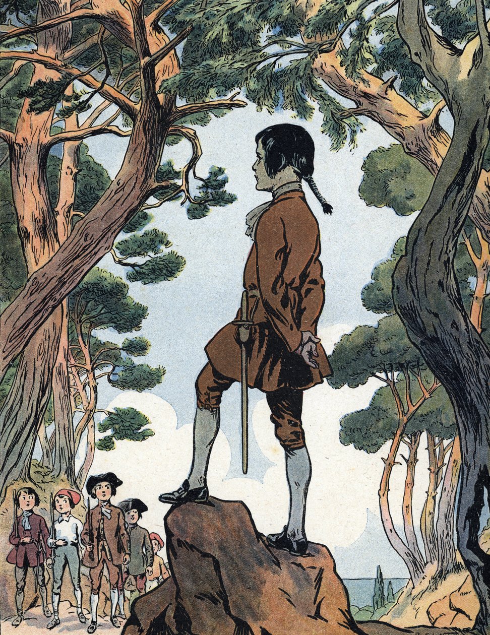 Napoleon Bonaparte (1769-1821) barn i Ajaccio, Korsika (Unge Napoleon Bonaparte i Ajaccio, Korsika) Illustration av Raymond de Neziere i "Our-glories-nationales" 1920 Privat samling DR av Raymond de la Neziere