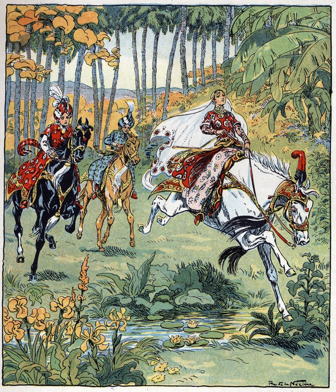 Parizade går om sina bröder Bahman och Pervis i hästkapplöpningen. Illustration av Raymond de La Neziere (1865- 1953) till berättelsen "Histoire des deux sœurs jealous de leur cadette" i "Les mille et une nuits" (les 1001 nuits eller Le mille e una notte,  av Raymond de la Neziere