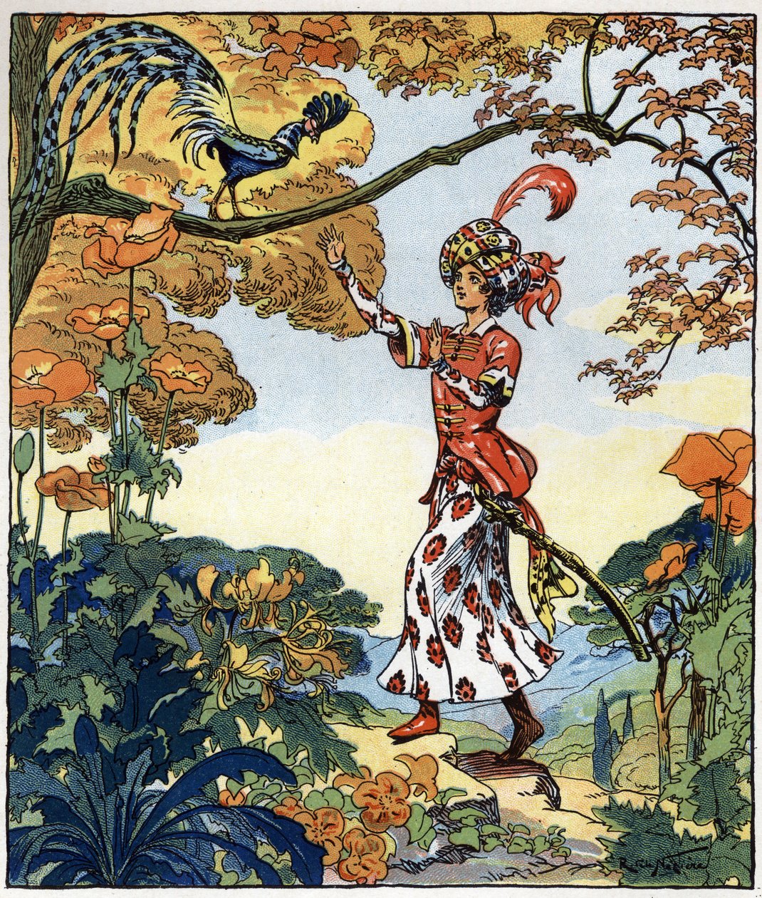 Parizade sprang till fågeln och lade sin hand på den: illustration till sagan "Aladin eller den underbara lampan" i "Tusen och en natt av Raymond de la Neziere