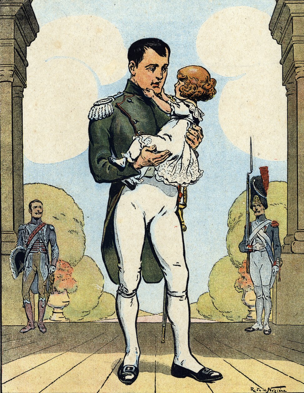 Porträtt av kejsar Napoleon I (1769-1821) med sin son Aiglon (1811-1832) (kung av Rom Napoleon II, hertig av Reichstadt) (franske kejsaren Napoleon I med sin son Napoleon II) Illustration av Raymond de Neziere i "Our-Glories-Nationales" 1920 DR Pri av Raymond de la Neziere