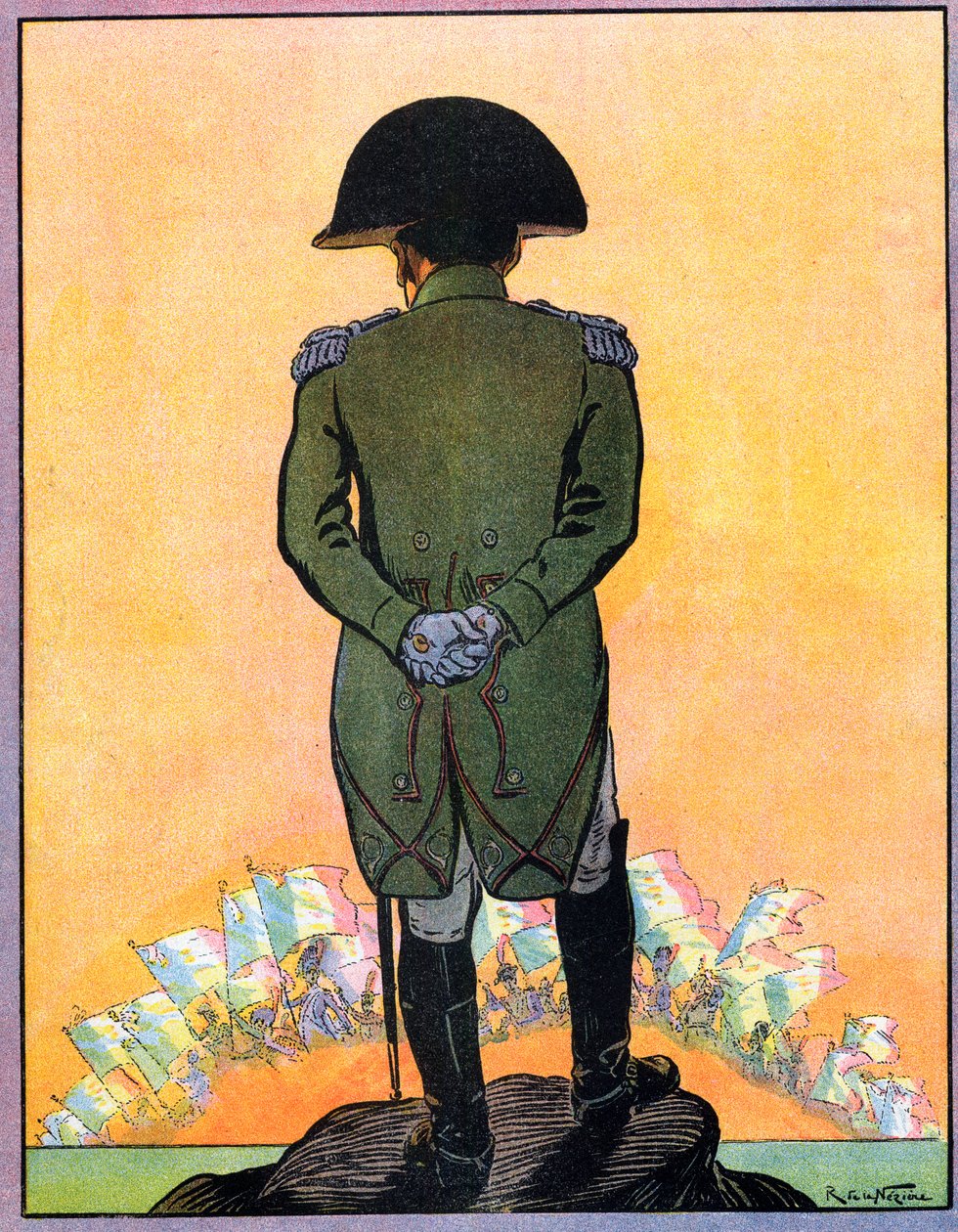 Porträtt av Napoleon I (1769-1821) på ön St Helena. Napoleon I på ön Sainte Helene (Sainte-Helene) från "Nos-Gloires-Nationales" ca 1920 (gravyr) av Raymond de la Neziere