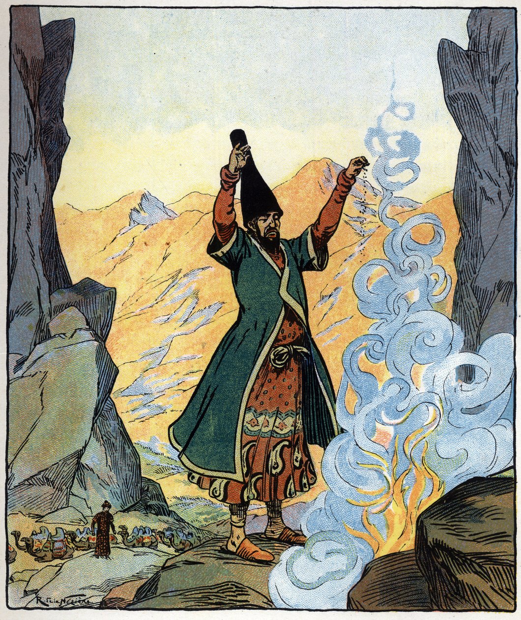 Dervishmunken tänder eld och strör ut den: illustration till sagan "Aladin eller den underbara lampan" i "Tusen och en natt av Raymond de la Neziere