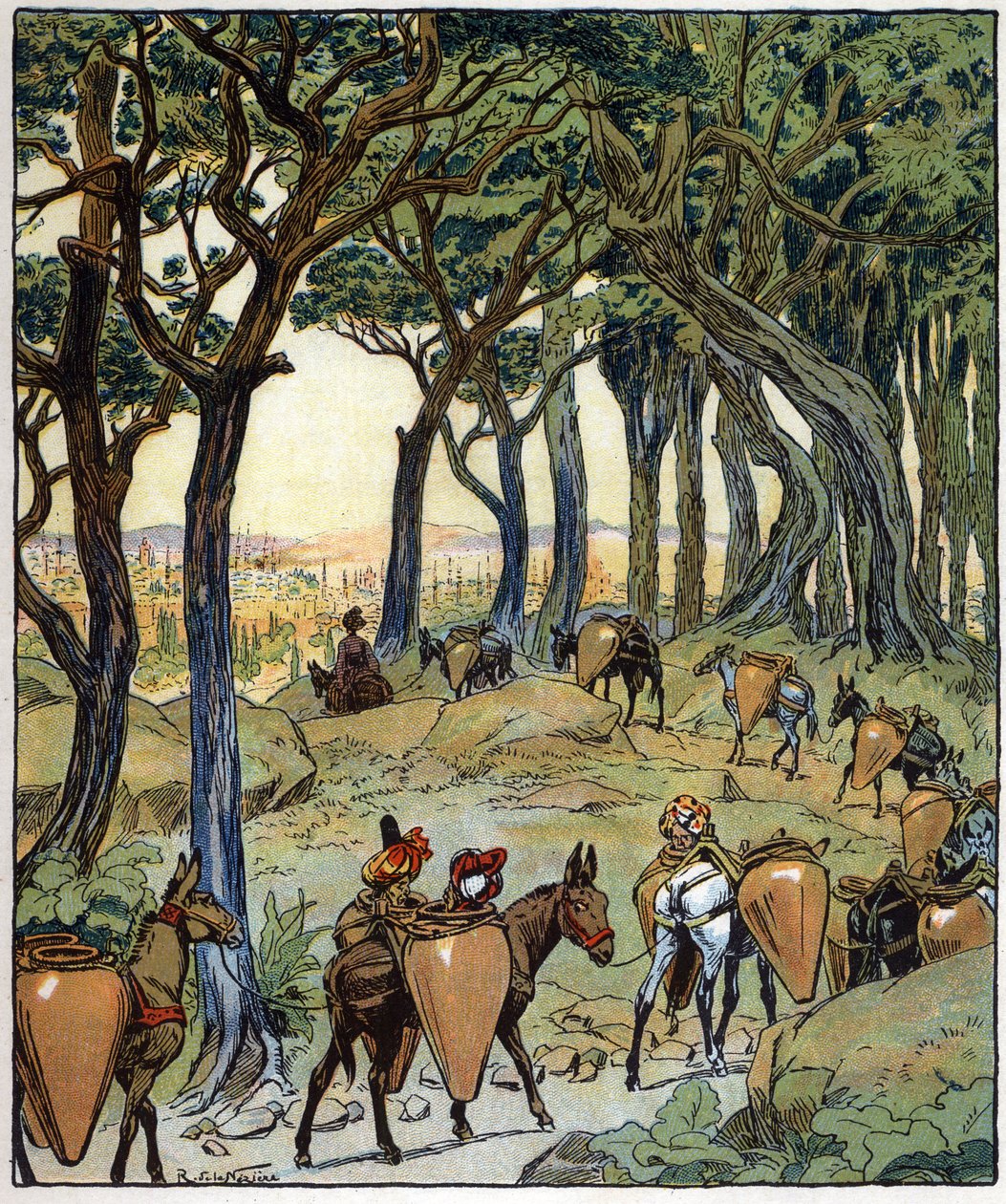 Hela karavanen tog vägen till staden: illustration till sagan "Aladin eller den underbara lampan" i "Tusen och en natt av Raymond de la Neziere