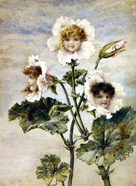 Pelargon & Sweet Pea - Blomsterbarn - ett par (akvarell & kroppsfärg på papper) av Rebecca Coleman