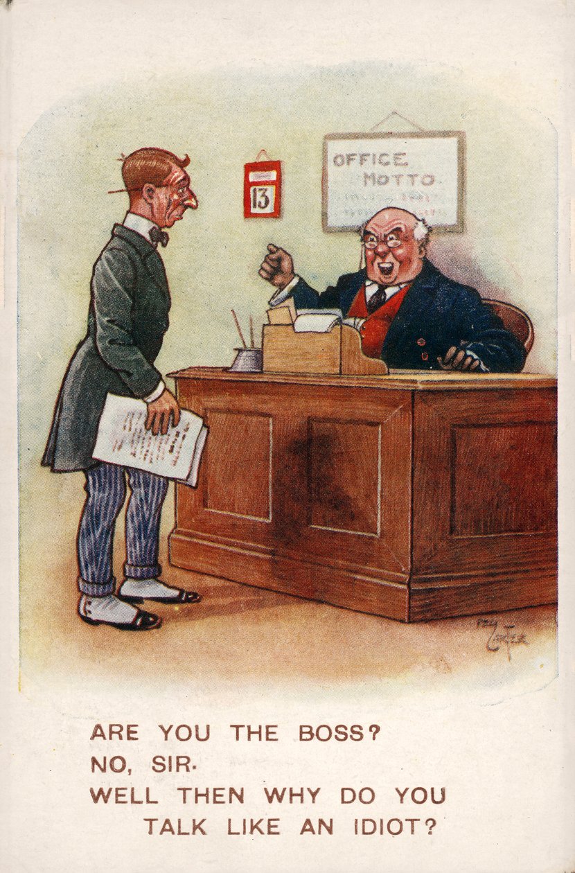 Chef och arbetare på kontoret (färglitografi) av Reg Carter