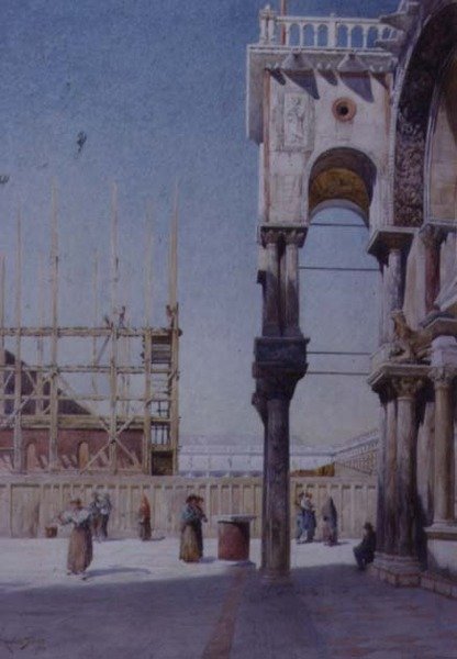 Utsikt från portiken i St. Marks Venedig, som visar återuppbyggnaden av Campanile, 1908 av Reginald Barratt