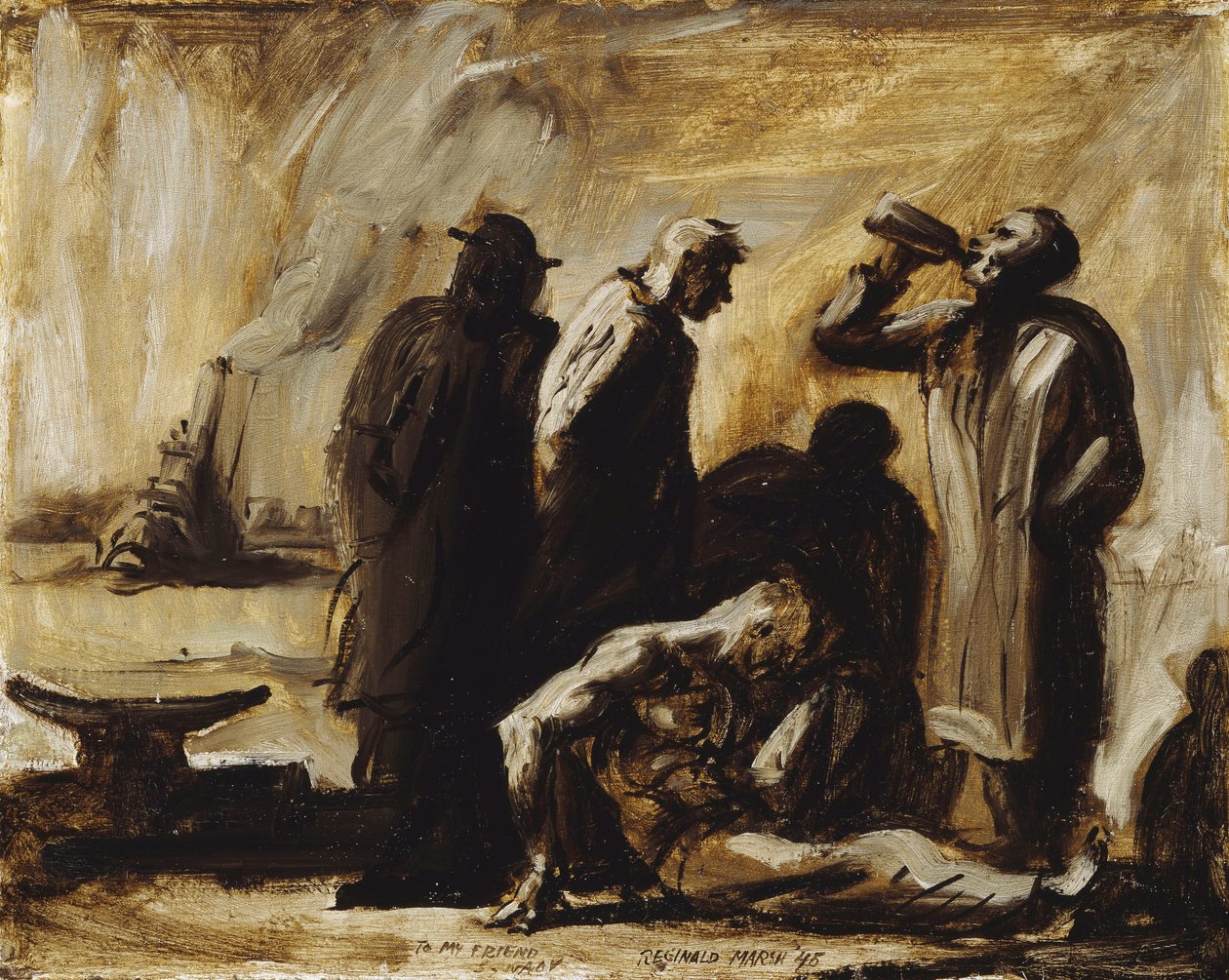 Uteliggare på en pir i New York av Reginald Marsh