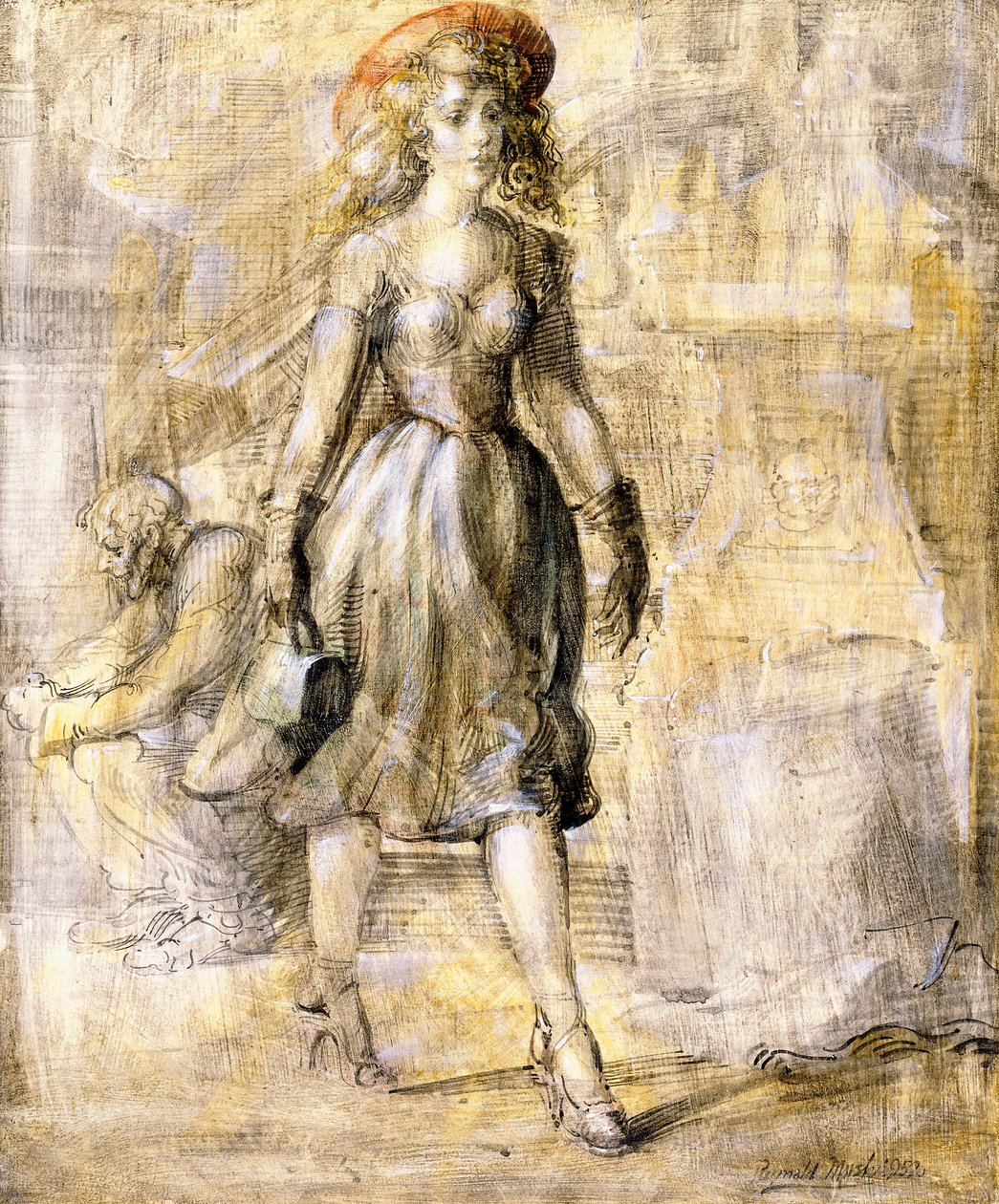 Flicka går på en gata i en stad av Reginald Marsh