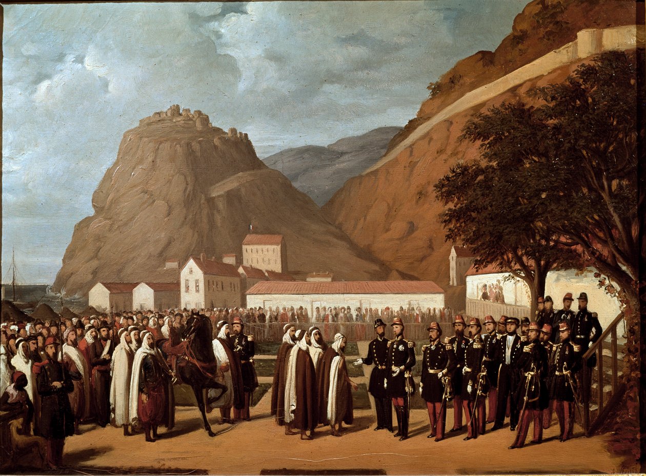 Erövring av Algeriet (1830-1847): Abd el Kaders (Abd-el-Kader eller ibn Muhyi al-Din al-Hasani (al Din al-Hasani) (1808-1883) underkastelse till hertigen av Aumale och fransmännen Armee den 24/12/1847 - Målning av Regis Augustin (1813-1880) 1800-talsmuskel av Regis Augustin