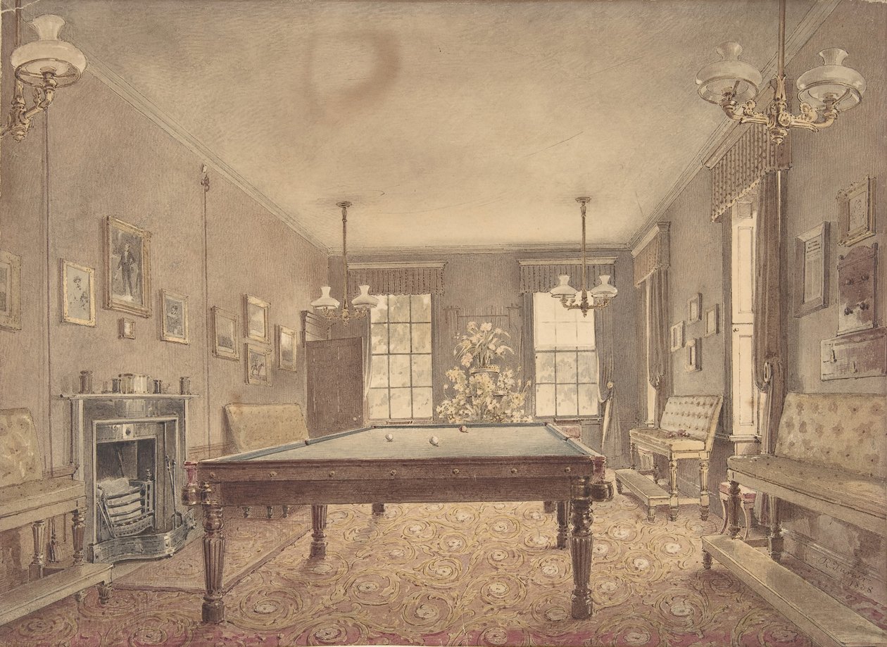 Interiör av biljardrummet på Lupton House, Devonshire, designat av George..., 1838. av Reid Turner