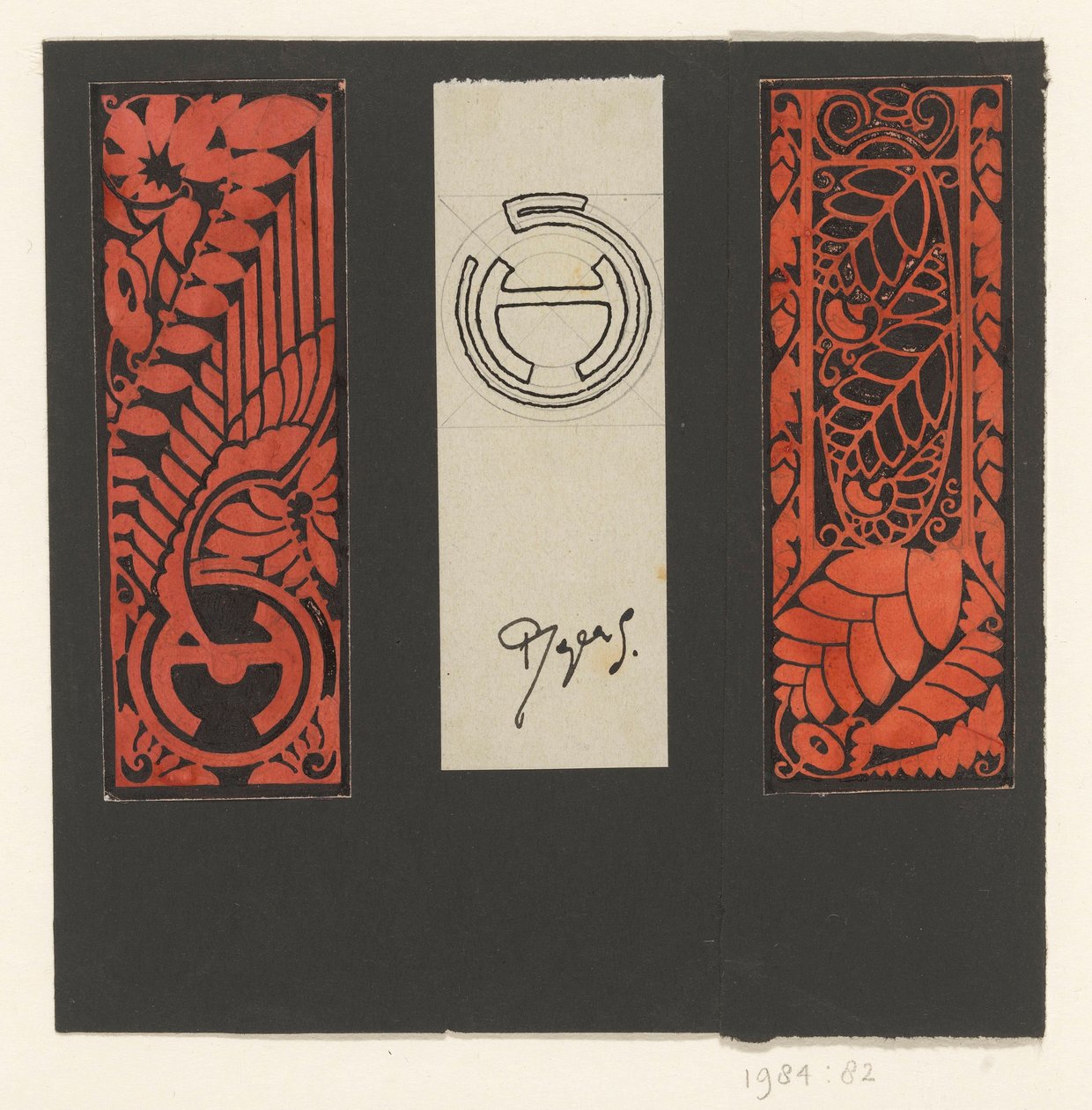 Tre paneler med bladmotiv och symboler av Reijer Stolk (signed by artist)