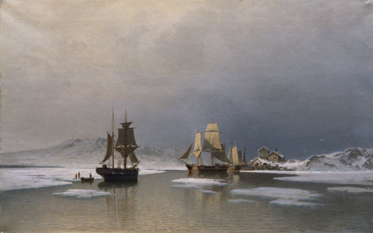 Segelfartyg på frusen fjord (olja på duk) av Reinholdt Boll
