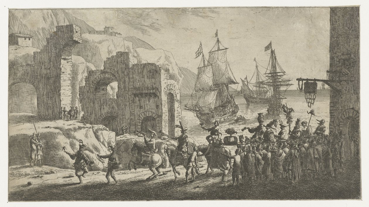 Maskerad vid en hamn av Reinier Nooms (attributed to)