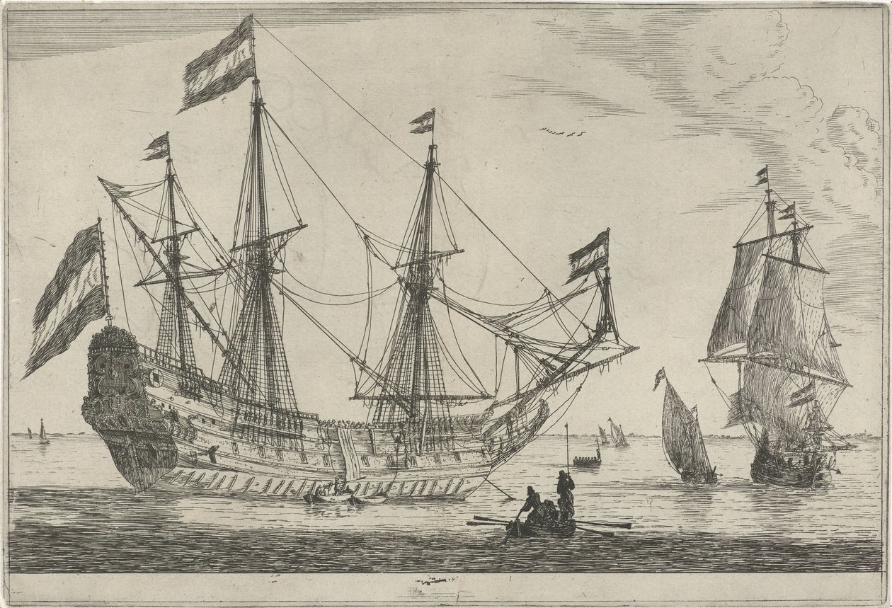 Stort segelfartyg och en roddbåt Tretton scener med skepp (serietitel) av Reinier Nooms
