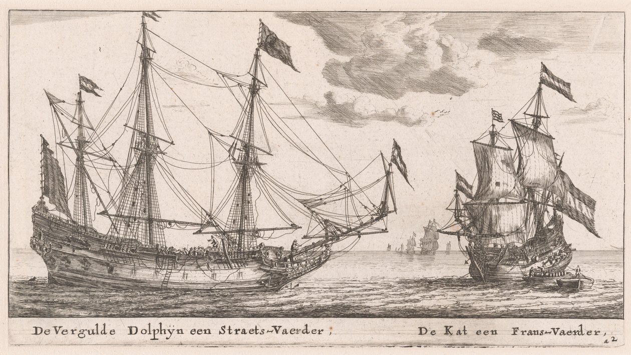 "Vergulde Dolphyn", ett stort handelsfartyg och "Kat", en flöjt av Reinier Nooms, called Zeeman