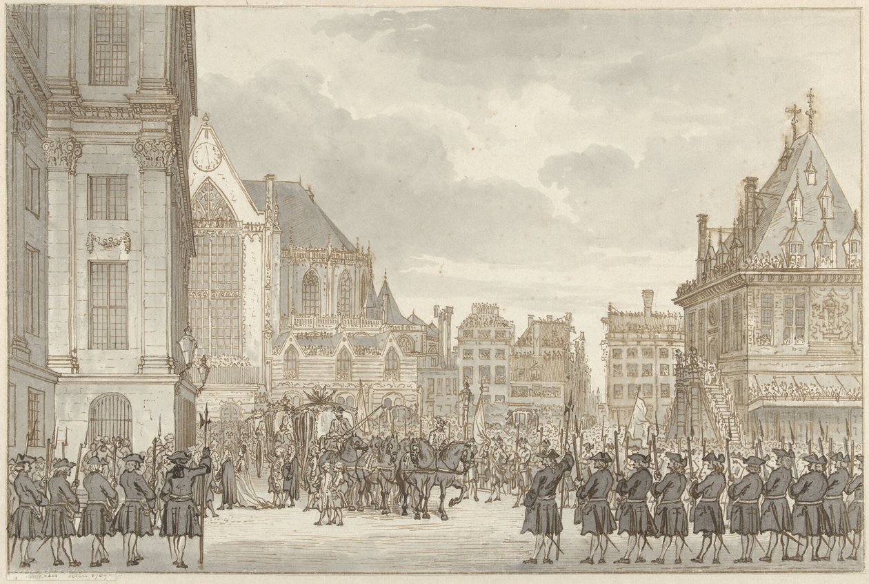 Ankomst av prins William V och Frederica Sophia Wilhelmina av Preussen till stadshuset på Damtorget i Amsterdam, 30 maj 1768 av Reinier Vinkeles (I)