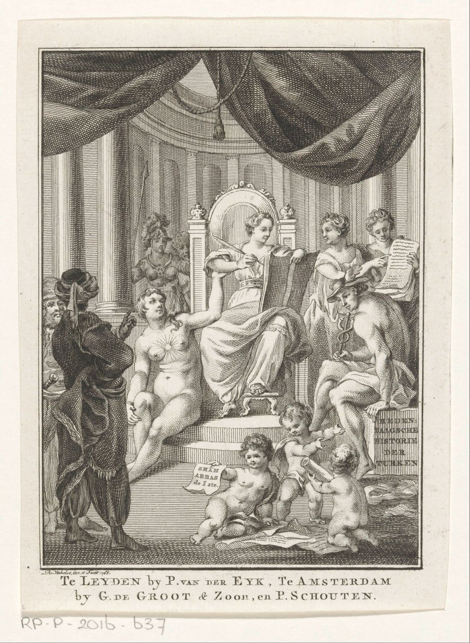 Allegorisk framställning med historia, sanning, antiken och försiktighet Turkarnas samtida historia (titel på objekt) Titelsida för: S.n., Samtida historia eller fortsättningen av allmän historia, 1767 av Reinier Vinkeles (I)