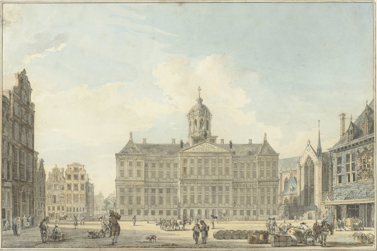 Amsterdam, dammen med stadshuset och Waag av Reinier Vinkeles (I)