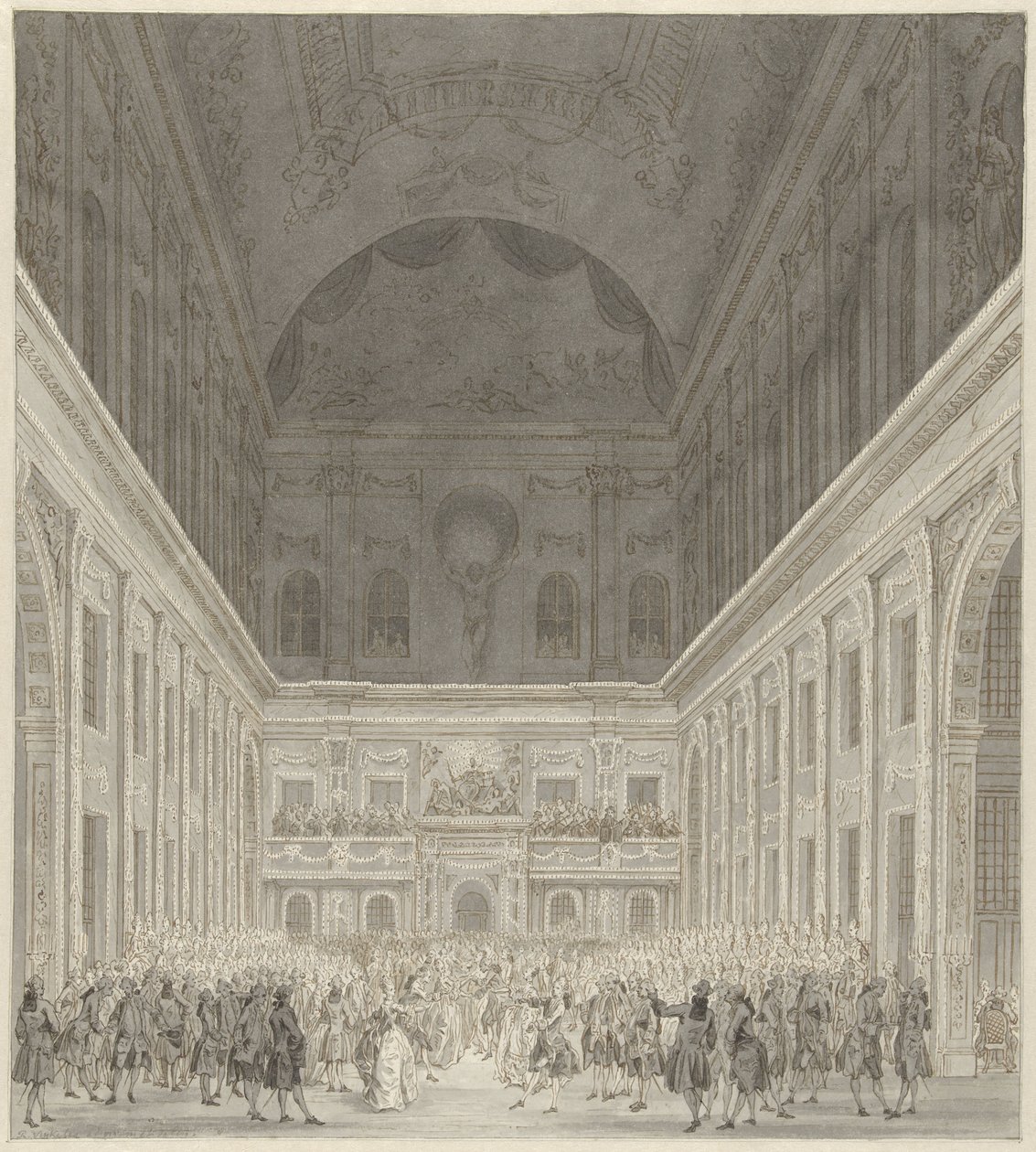 Bal i medborgarsalen i stadshuset i Amsterdam för att hedra besöket av prins William V och Wilhelmina av Preussen, juni 1768 av Reinier Vinkeles (I)