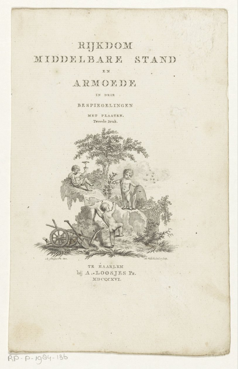 Tre putti med attribut i ett bergslandskap Titelsida för: Adriaan Pietersz. Loosjes, Rikedom medelklass och fattigdom i tre reflektioner, 1816 av Reinier Vinkeles (I)