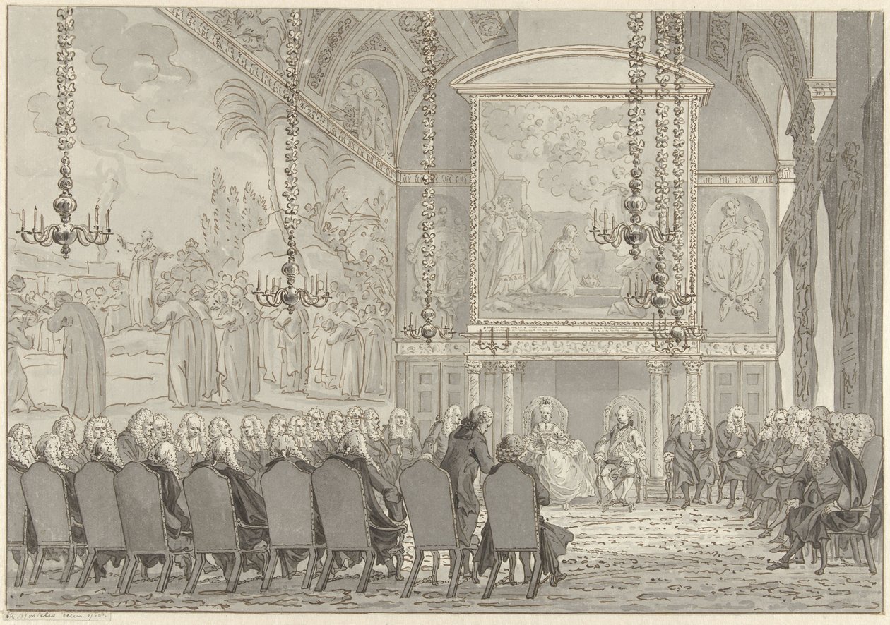 Mottagning av prins William V och Wilhelmina av Preussen i rådssalen i Amsterdams stadshus av Reinier Vinkeles (I)