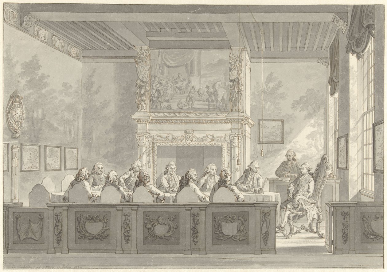 Sittande av Prins Willem V i Amiralitetets styrelse i Amsterdam av Reinier Vinkeles (I)