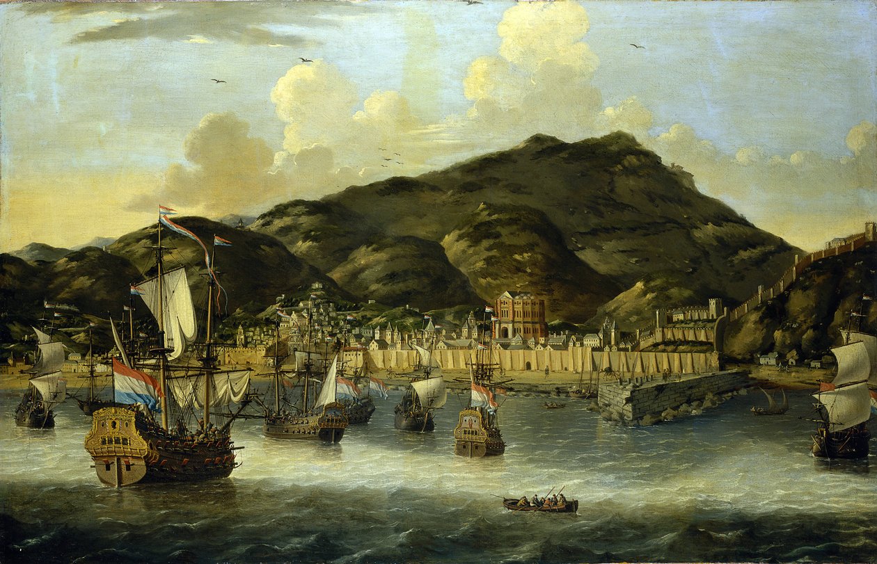 Holländska fartyg utanför Tripolis (Libyen) kust, med hamnens och stadens befästa murar. Oljemålning av Reinier Nooms (1623-1667). av Reinier Zeeman