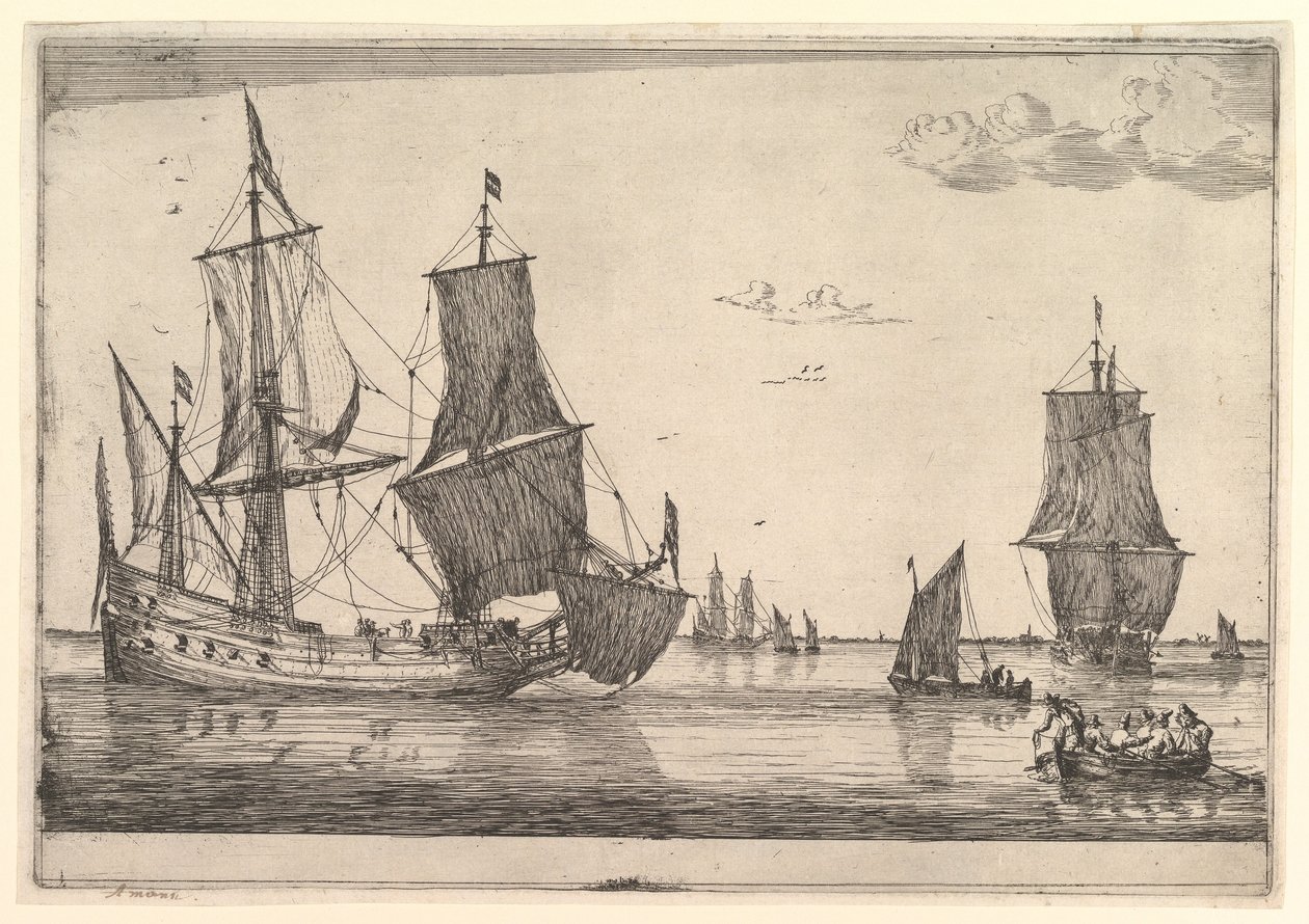 Stort segelfartyg och roddbåt, 1600-talet. av Reinier Zeeman