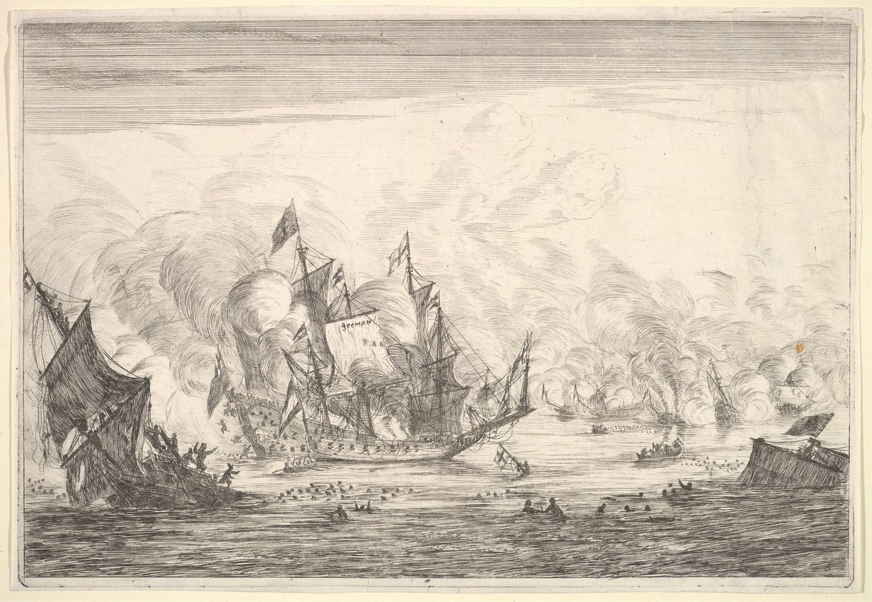 Sjöstrid med en engelsk skeppsgrundare till vänster, från Naval Battles Nieuwe Sc..., 1652-54. av Reinier Zeeman