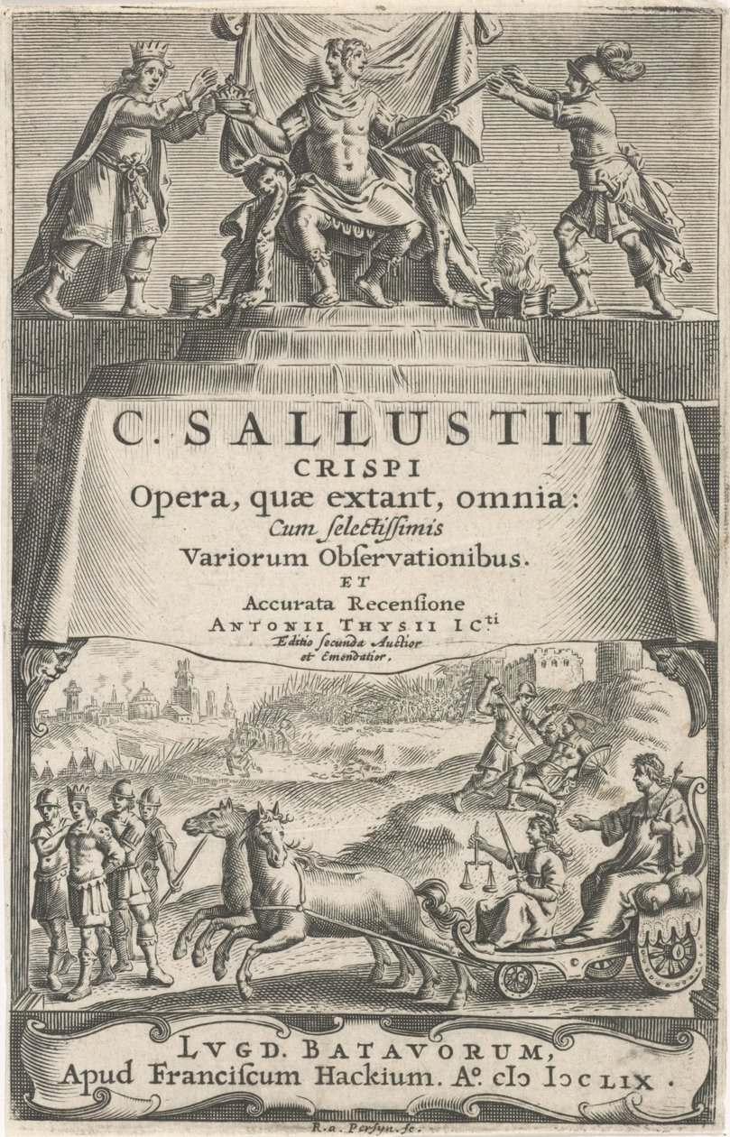 En kejsare och rättvisa på vagn Titelsida för: A. Thysius Jr., Opera, quæ extant, omnia, 1659 av Reinier van Persijn