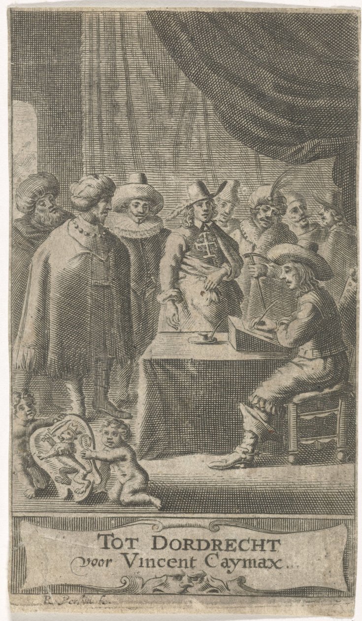 Köpman vid skrivbordet Titelsida för: J. van der Does e.a., Verscheyde voyagien, orte reysen, 1652 av Reinier van Persijn