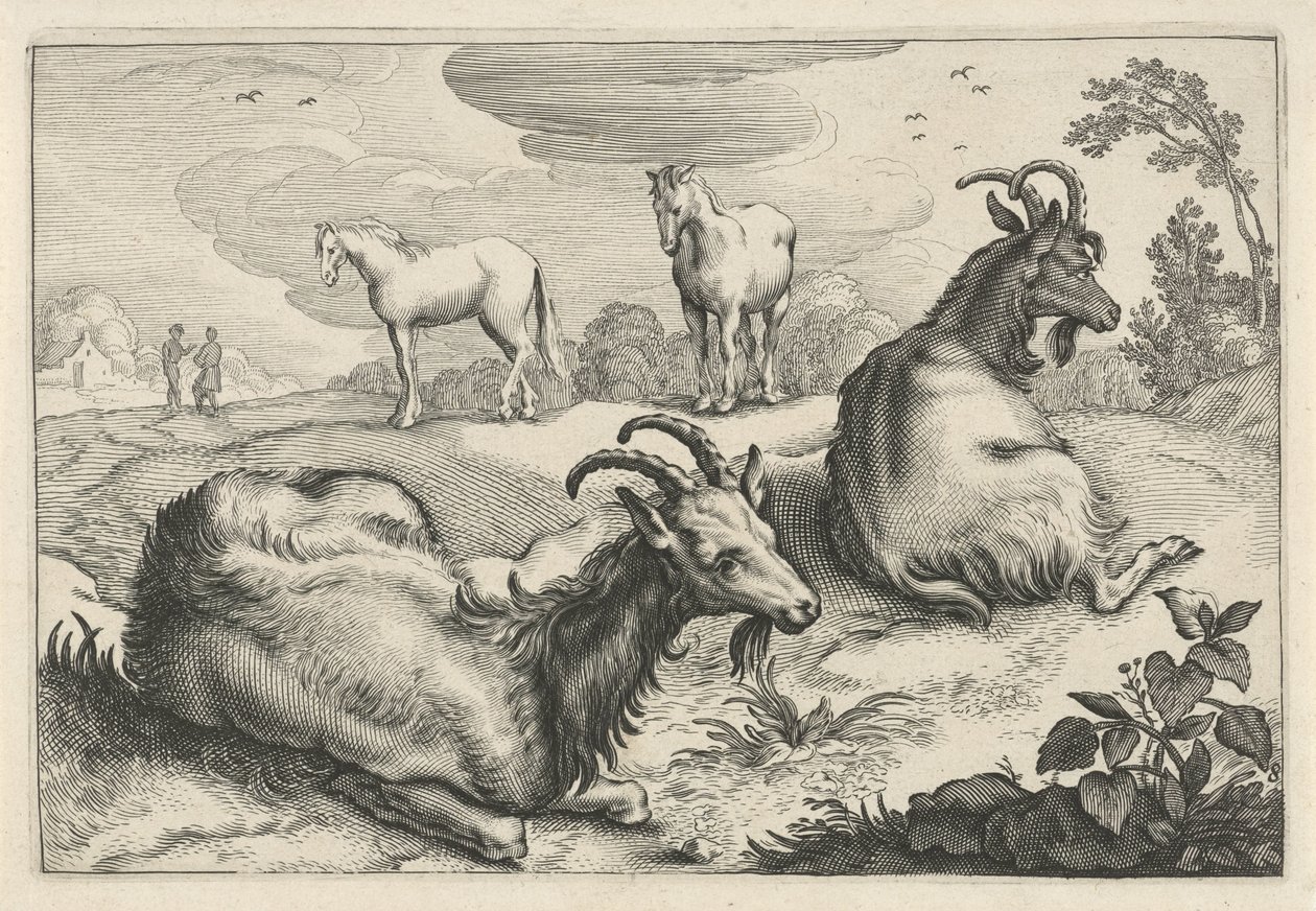 Landskap med två getter och två hästar Diversa Animalia Quadrupedia (serietitel) av Reinier van Persijn