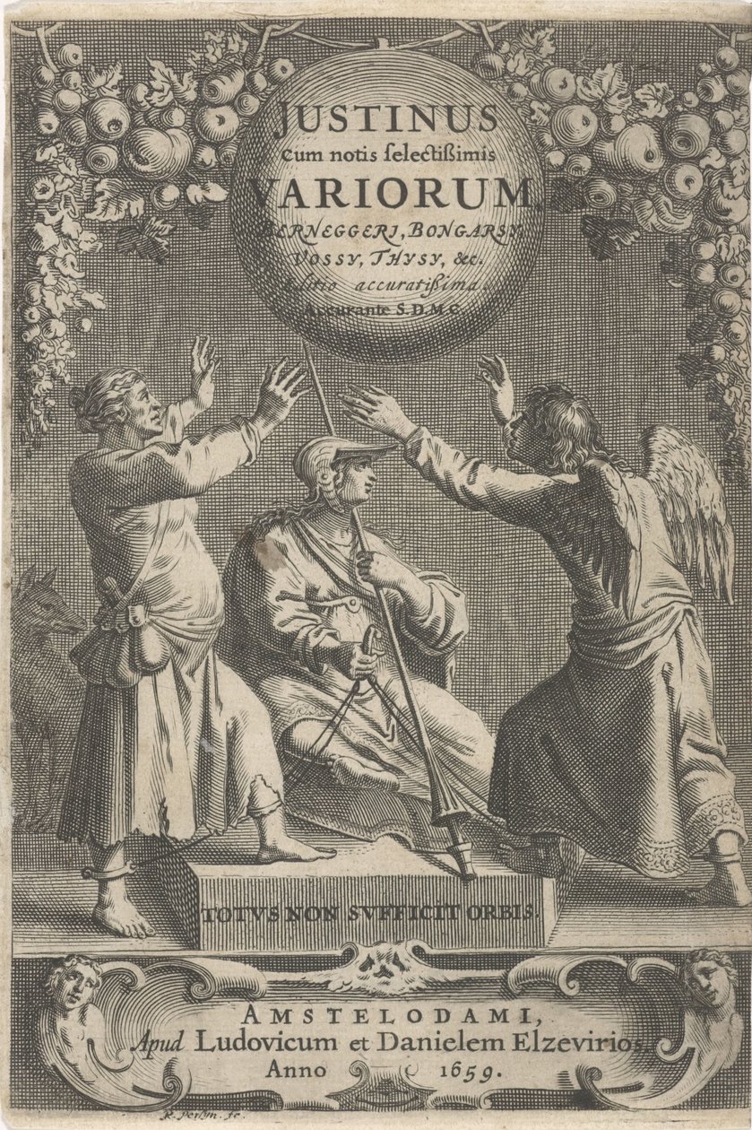 Minerva en twee geketende figurer Titelsida för: A. Thysius, Justinus cum notis selectissimis variorum Berneggerj, Bongarsy, Vossy, Thysy, &c, 1659 av Reinier van Persijn