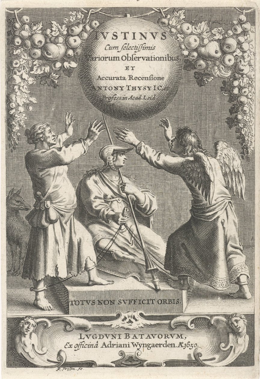 Minerva en twee geketende figurer Titelsida voor: A. Thysius, Justinus med de mest utvalda olika observationer och en detaljerad genomgång, 1650 av Reinier van Persijn