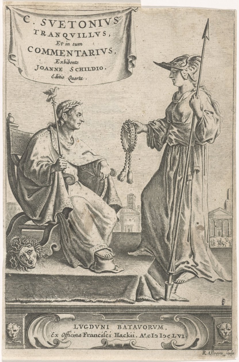 Piedestal med en kejsare på sitt säte Titelsida för: JE. Sköld, [Opera], 1656 av Reinier van Persijn