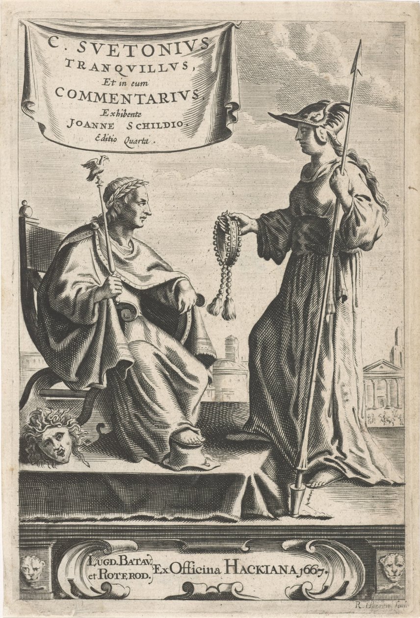 Piedestal med en kejsare på sitt säte Titelsida för: J. Schild, [Opera], 1667 av Reinier van Persijn